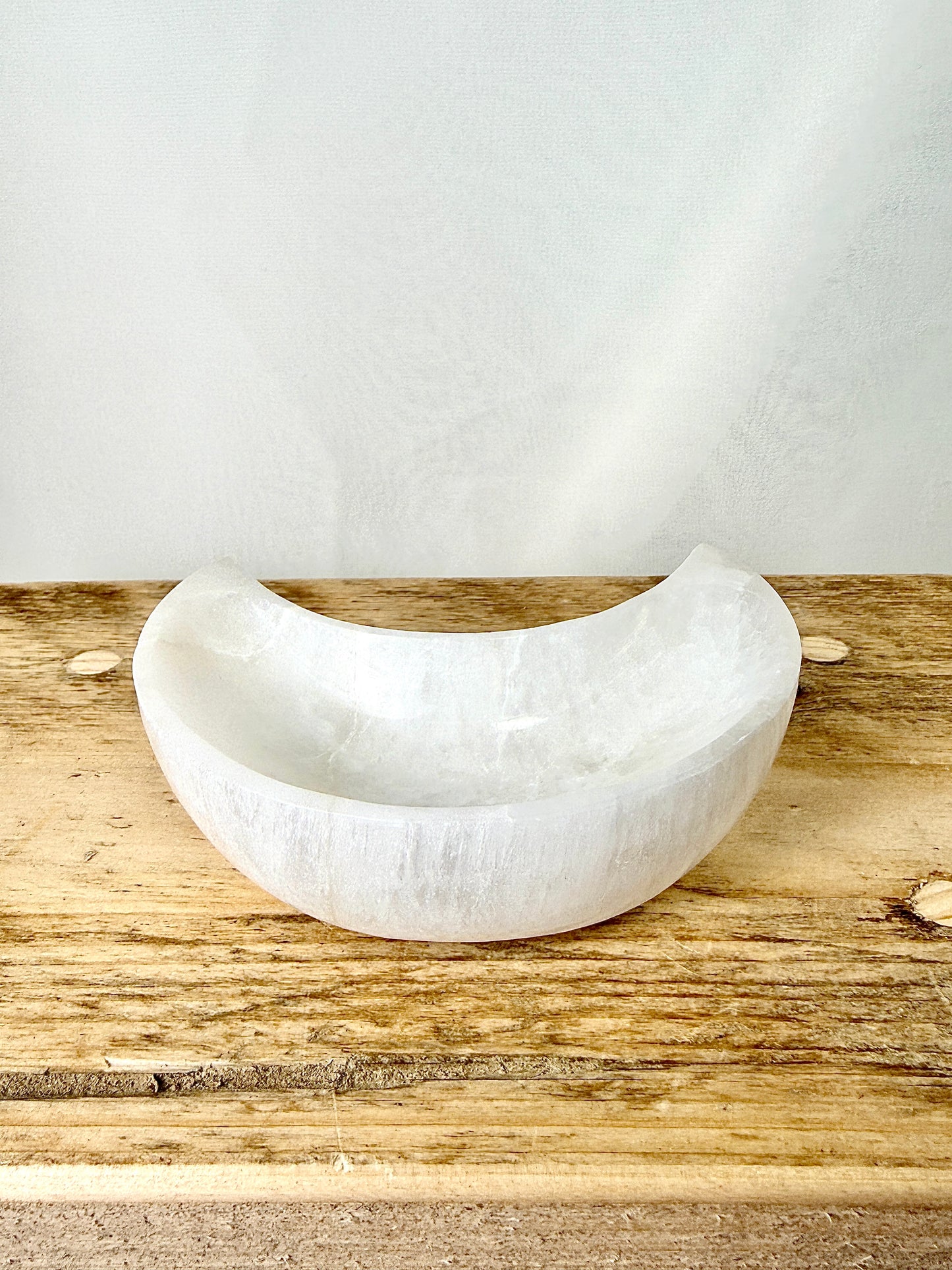 Satin Spar Moon Bowl - Selenite Crescent Trinket Dish - 190g - Morocco