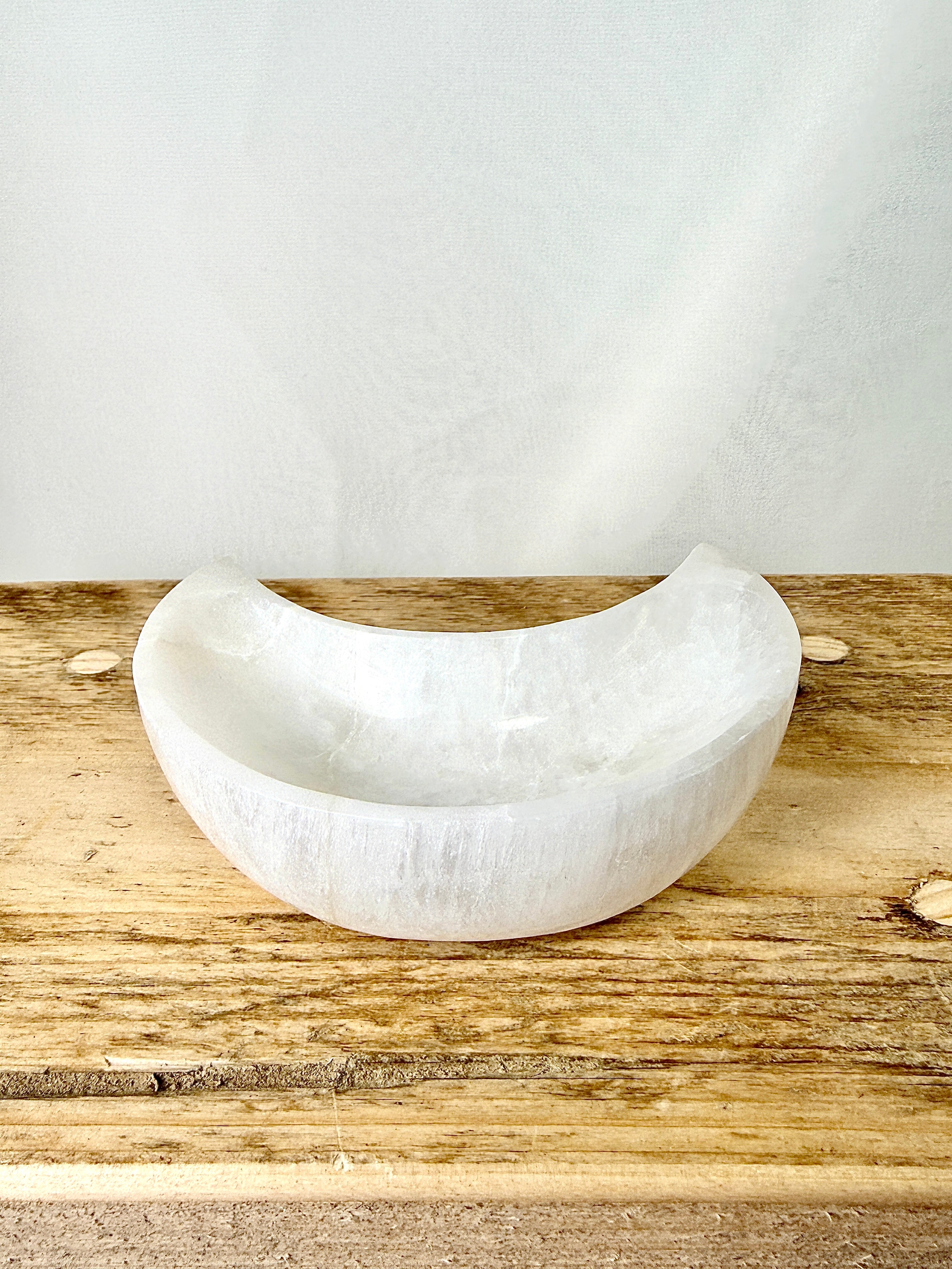 Satin Spar Moon Bowl - Selenite Crescent Trinket Dish
