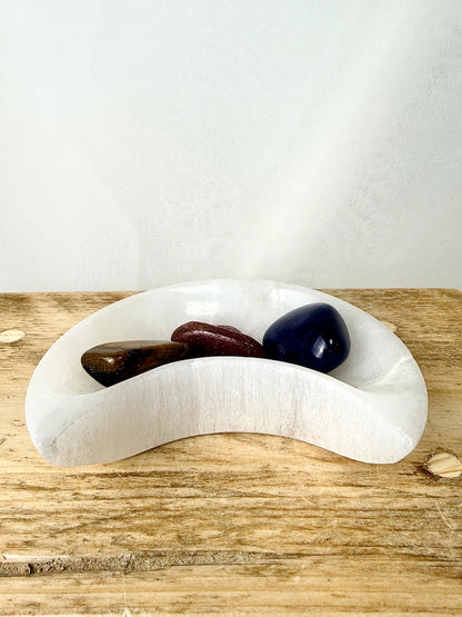 Satin Spar Moon Bowl - Selenite Crescent Trinket Dish - 190g - Morocco