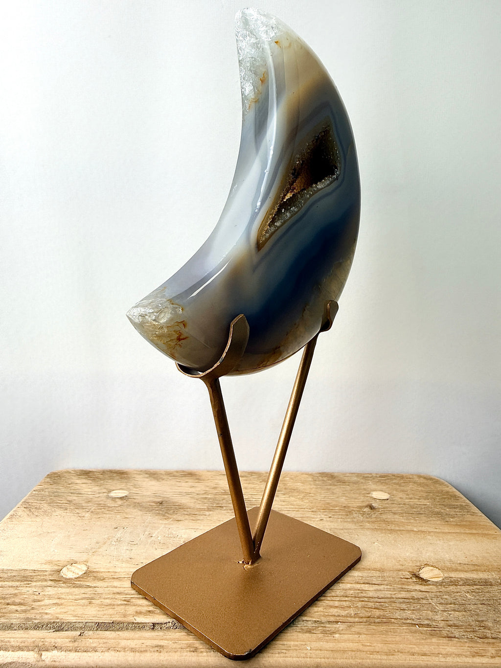 Grey Agate Moon On Gold Coloured Stand