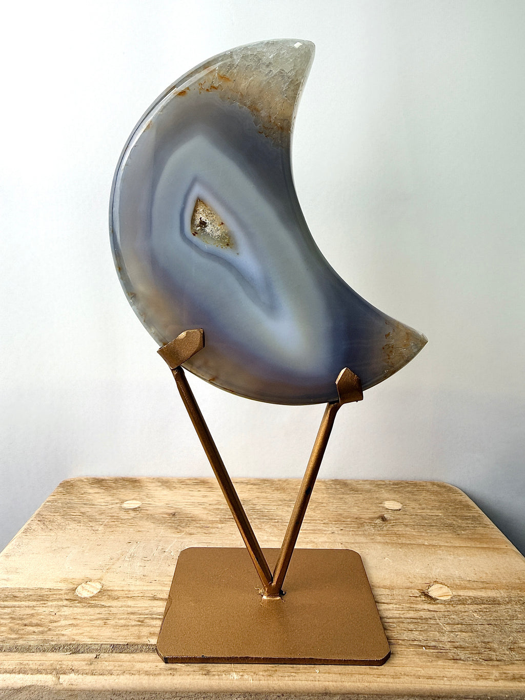 Grey Agate Moon On Gold Coloured Stand